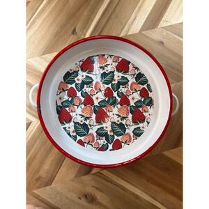Red Shed Enamel Tray Round Serving Tray Strawberry Floral Design Cottagecore